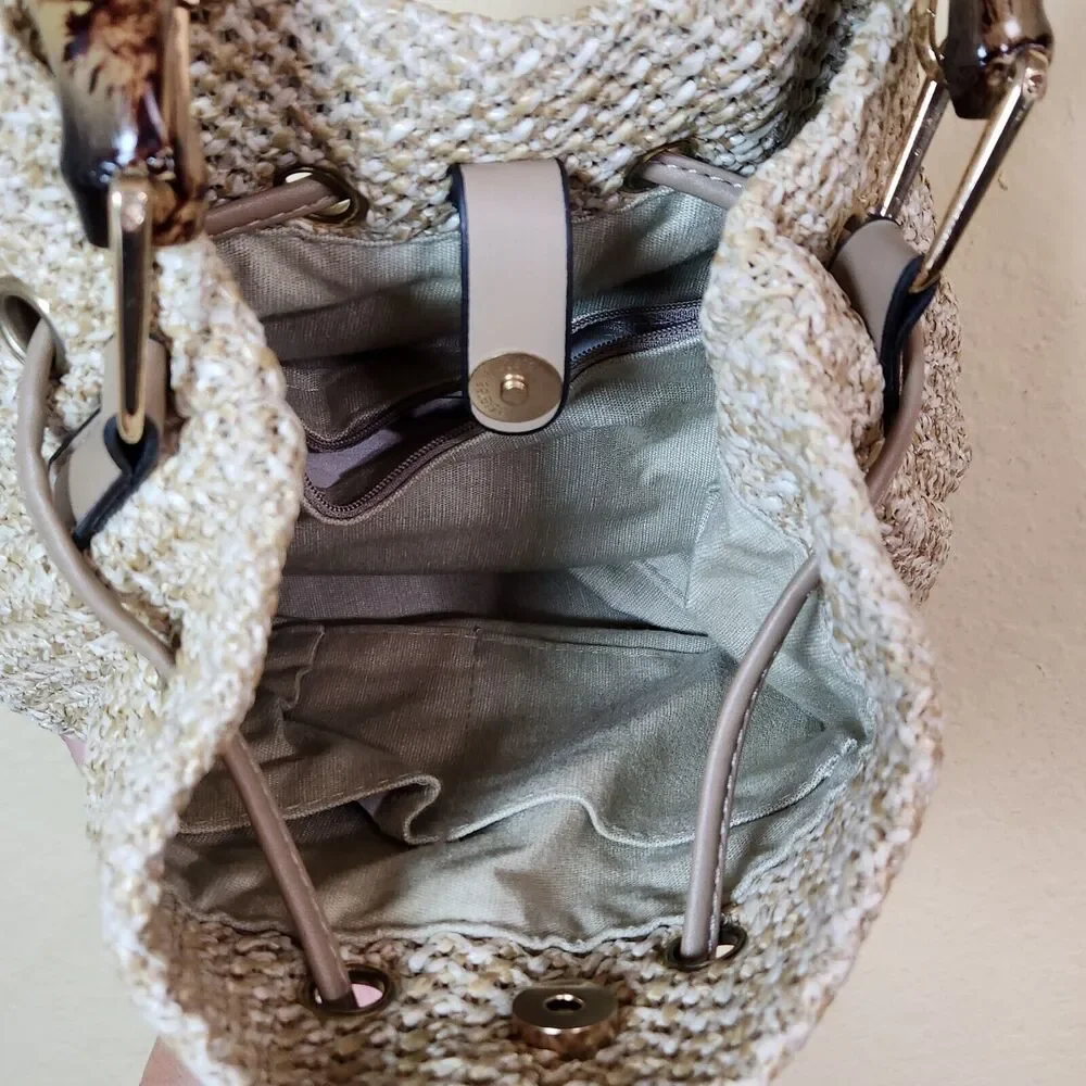 Cream Shoulder Bucket Bag Straw Rafia Leather Drawstring Hobo Beach Bamboo‎ Boho